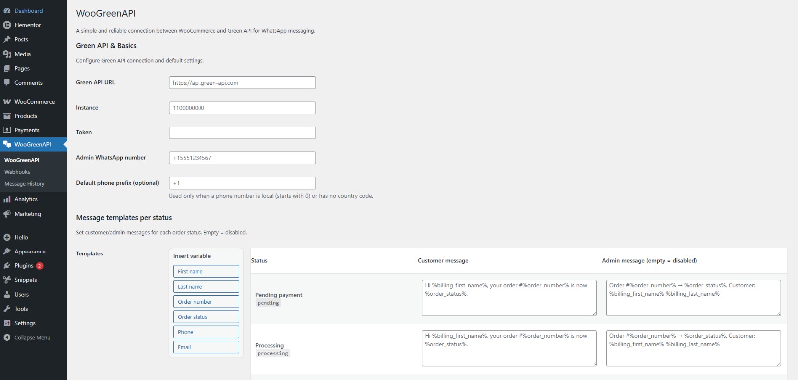 WooGreenAPI settings screen
