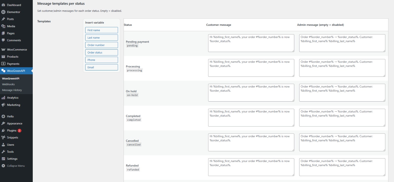 Automatic WhatsApp message templates