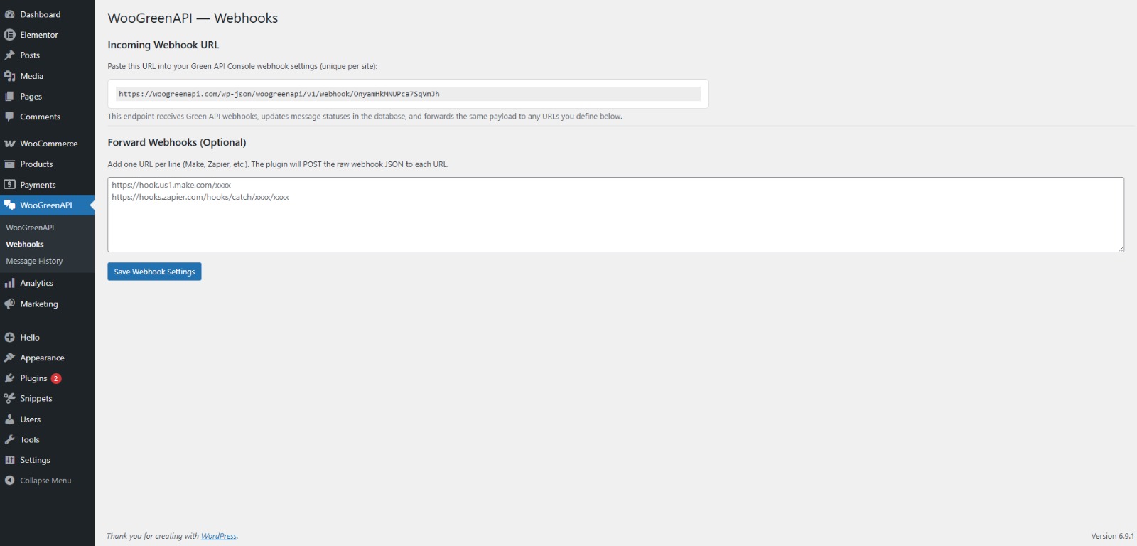 WooGreenAPI webhook settings