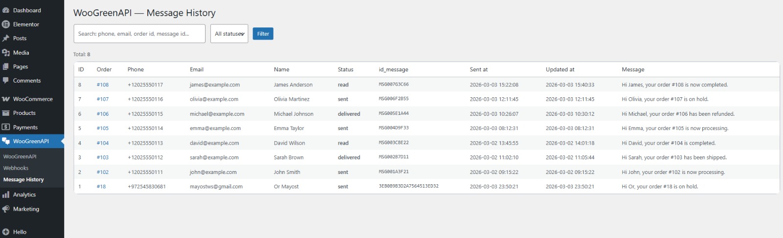 WooGreenAPI message history